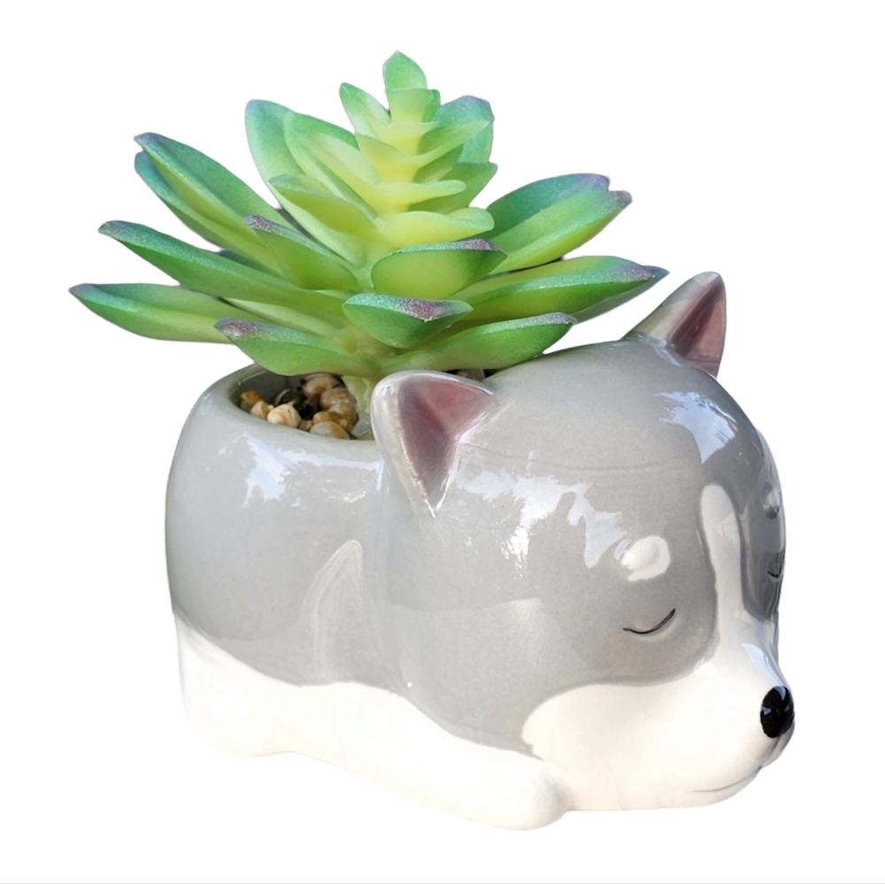 Flora Bunda Gray Puppy Ceramic Planter With Artificial Succulent Flower - Picture 3 of 10